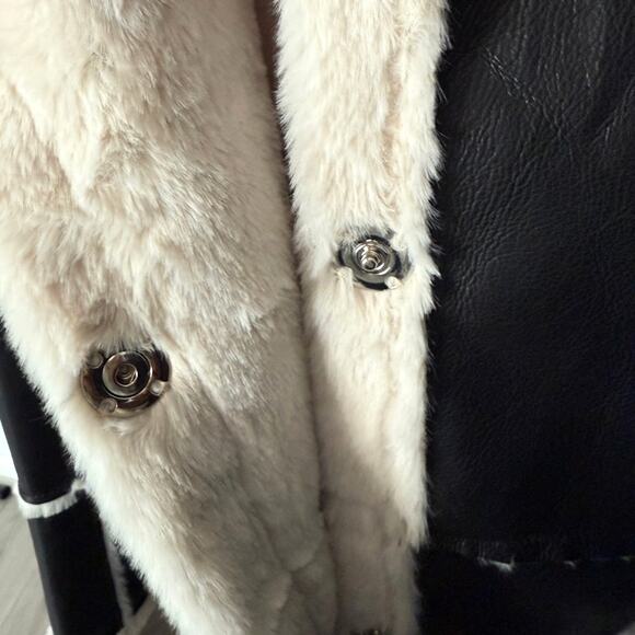 B Coature Faux Leather Faux Fur Sherpa Longline Jacket Coat Black Cream Size XL - Picture 7 of 9